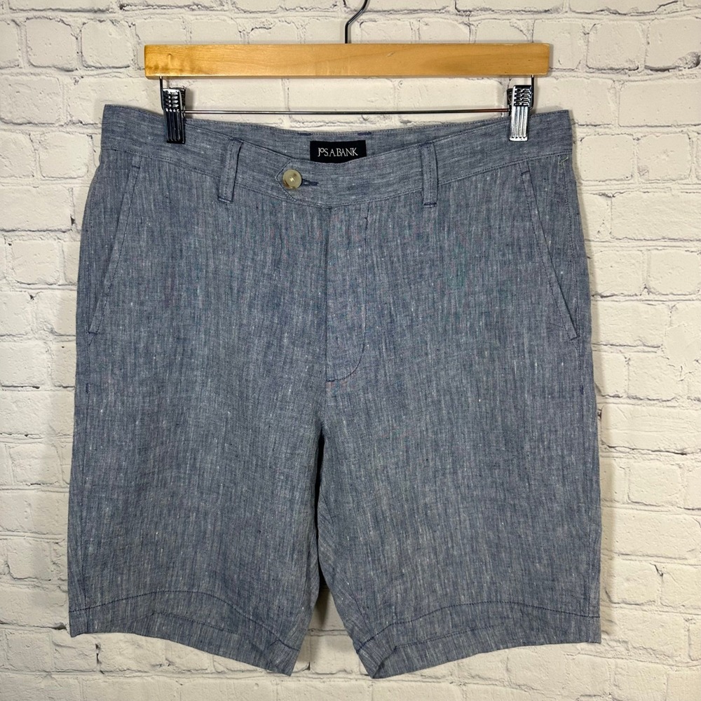 Jos A Bank Shorts Mens 33 Blue Linen Tailored Fit Flat Front Shorts Heathered